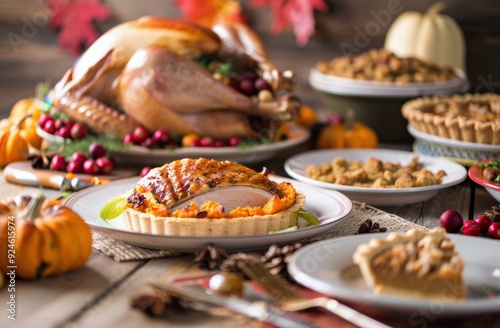 Thanksgiving Feast With Roasted Turkey, Pumpkin Pie, and Side Dishes on Rusti...