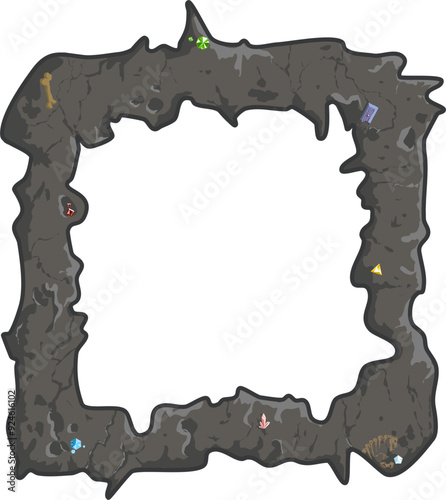 Beautiful stone earthen frame for photo text paste. Vector illustration is a frame interspersed with prehistoric artifacts and archaeological poleontological finds such as dinosaur bones. The texture