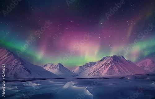 Aurora Borealis Illuminating Snow-Capped Mountains in Arctic Night