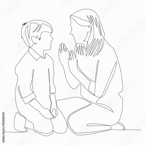 Continuous single-line art of a mother playing with his son.