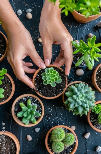 Gardener Transplanting Succulent and Cactus Plants in Terracotta Pots Outdoors
