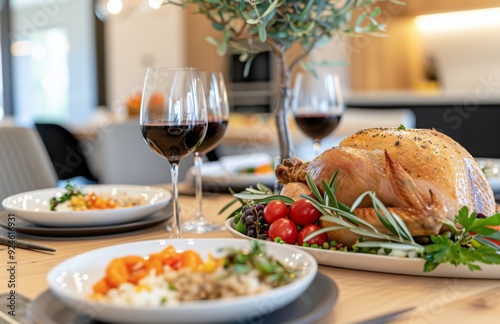 Festive Thanksgiving Dinner Table With Roasted Turkey and Wine Glass