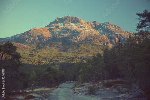 Majestic mountain peak towering above lush green forest with a rugged path in front photo