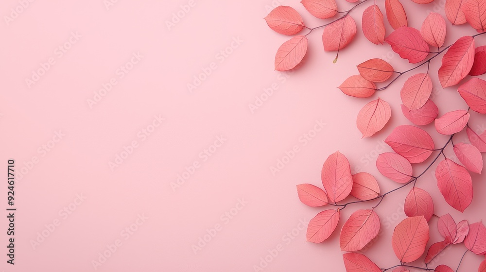 Fototapeta premium Serene Coral-Colored Leaves on Pale Lavender Background with Copy Space, Generative Ai