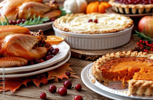 Thanksgiving Feast With Roasted Turkey, Pumpkin Pie, and Side Dishes on Rusti...
