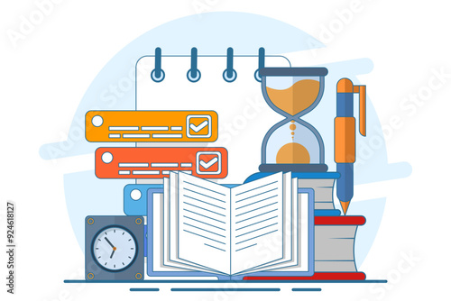 Exam concept, exam paper with timer and hourglass, Exam, Survey, Checklist, Test, Assignment deadline, exam preparation, subject learning course, education concept. flat vector illustration.