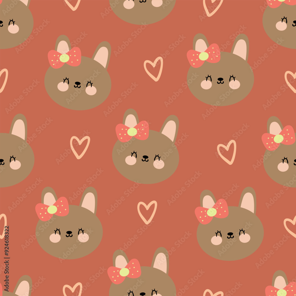 Seamless pattern with brown rabbits wearing cute cartoon ribbons, for fabric prints, textiles, colorful gift wrapping paper for children, flat style Seamless pattern with brown rabbits wearing cute cartoon ribbons, for fabric prints, textiles, colorful gift wrapping paper for children, flat style