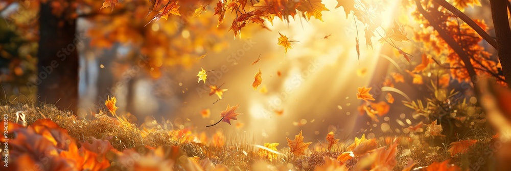Golden autumn leaves falling to the ground, illuminated by warm sunlight in a forest setting, capturing the beauty and tranquility of the season. Golden autumn leaves falling to the ground, illuminated by warm sunlight in a forest setting, capturing the beauty and tranquility of the season.