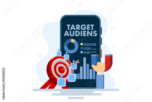 Target audience concept, advertising placement on social networks in smartphone applications, customer outreach, digital targeting marketing, business goals, sales generation. flat vector illustration