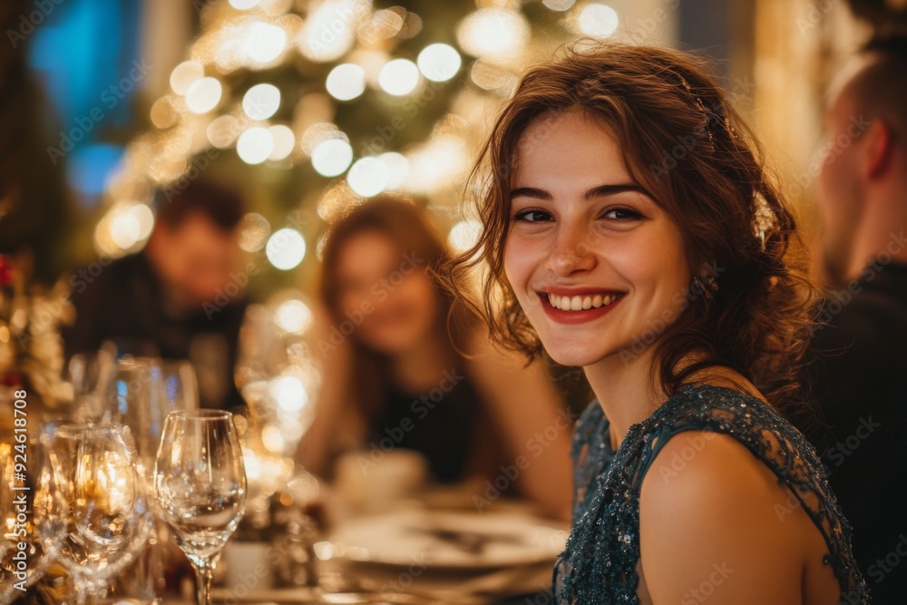 A woman in a blue dress sitting at a table with friends during a Christmas dinner party  