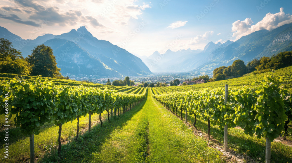 A beautiful vineyard in the Swiss countryside, with rows of grapes leading to the mountains in A beautiful vineyard in the Swiss countryside, with rows of grapes leading to the mountains in