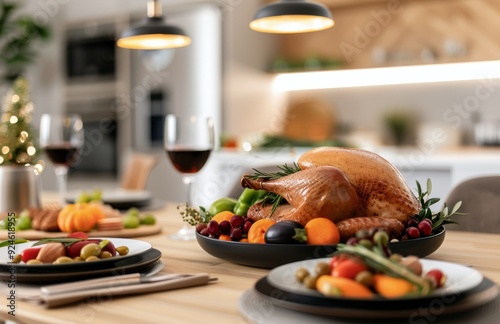 Festive Thanksgiving Dinner Table With Roasted Turkey and Wine Glass