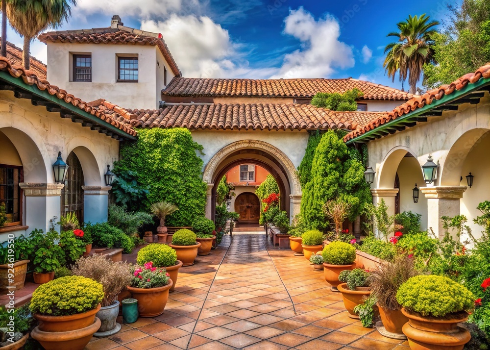 Mediterranean Revival Architecture: Arched doorways, terracotta roofs, lush gardens, intricate tilework Mediterranean Revival Architecture: Arched doorways, terracotta roofs, lush gardens, intricate tilework