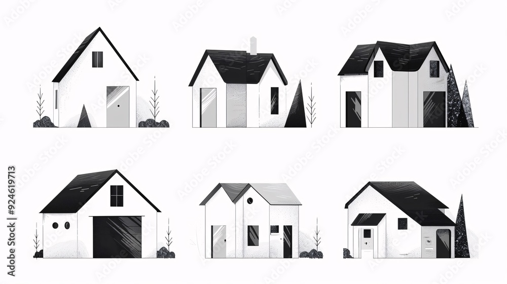 Modern Minimalist Houses: A Black and White Architectural Illustration Modern Minimalist Houses: A Black and White Architectural Illustration