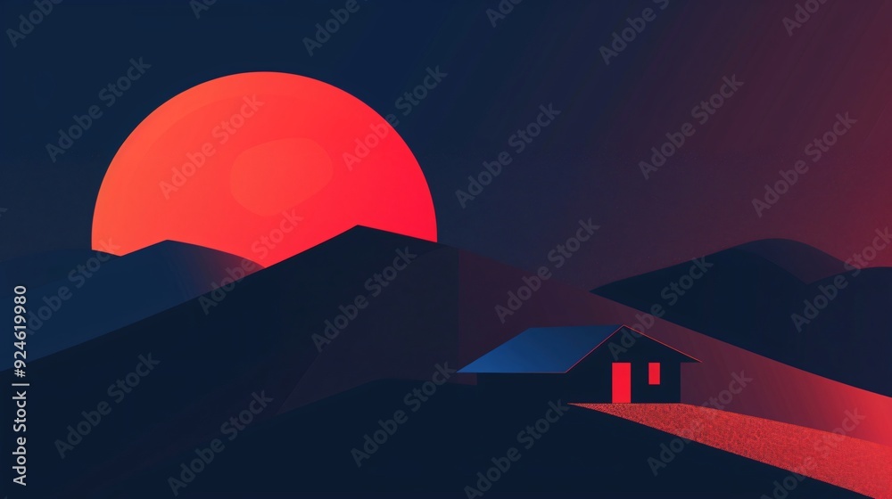 Minimalist Landscape with Red Sun and Lonely House Minimalist Landscape with Red Sun and Lonely House