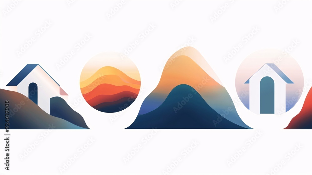 Abstract Landscape with Mountains, Houses, and Sunset Abstract Landscape with Mountains, Houses, and Sunset