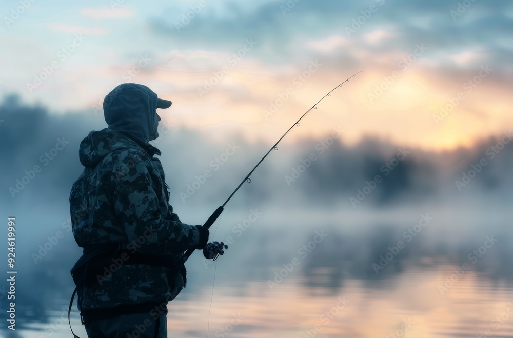 Man Fishing on Tranquil Lake at Sunrise in Calm Winter Weather Man Fishing on Tranquil Lake at Sunrise in Calm Winter Weather