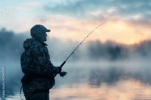 Man Fishing on Tranquil Lake at Sunrise in Calm Winter Weather