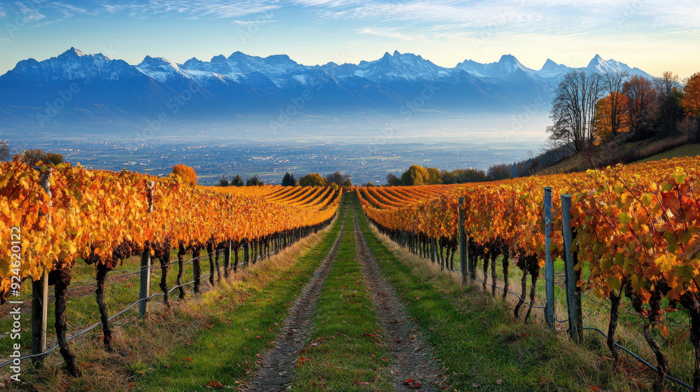 Fototapeta premium A beautiful vineyard in the Swiss countryside, with rows of grapes leading to the mountains in