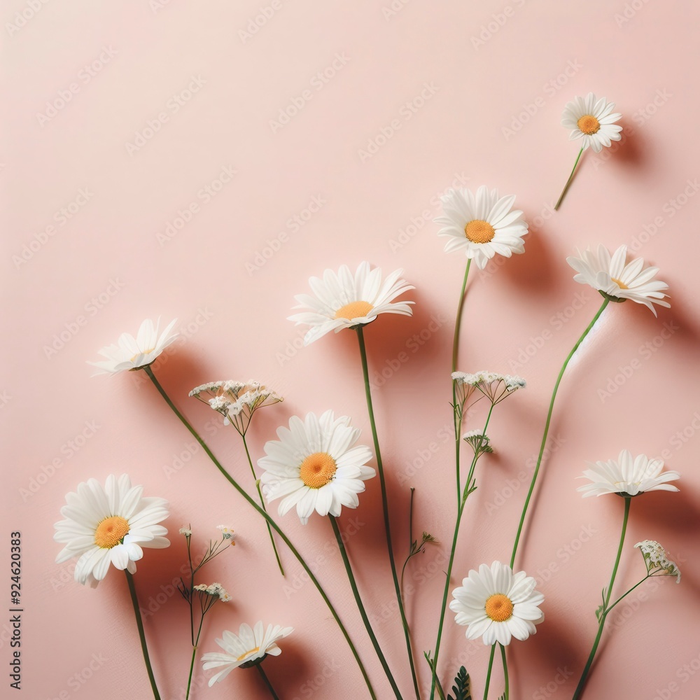 Obraz premium Daisy flowers on pink background with copy space. Generative Image