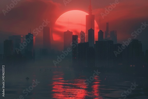 Silhouettes of a Cityscape with a Red Sun