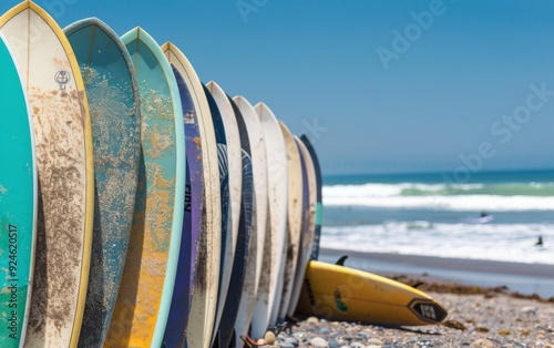 Colorful Surfboards Lined Up on Pebbled Beach Near Ocean Waves at Sunny Day