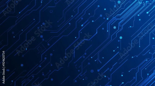 Circuit trace lines in blue on a dark technology background. Electronics and computer technology concept. Chip and circuit board. Modern illustration. Chip connectors.