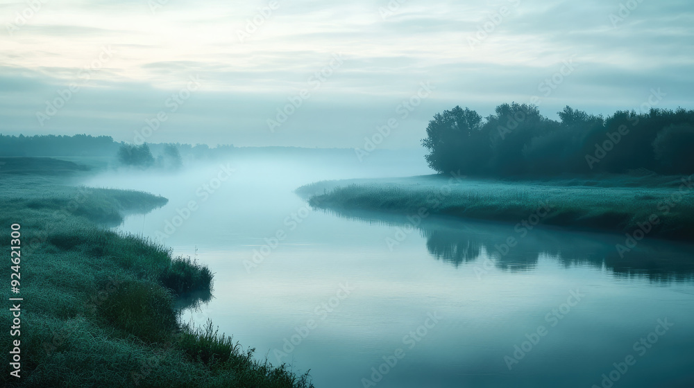 A serene river landscape shrouded in morning mist, surrounded by lush greenery and a tranquil atmosphere. A serene river landscape shrouded in morning mist, surrounded by lush greenery and a tranquil atmosphere.