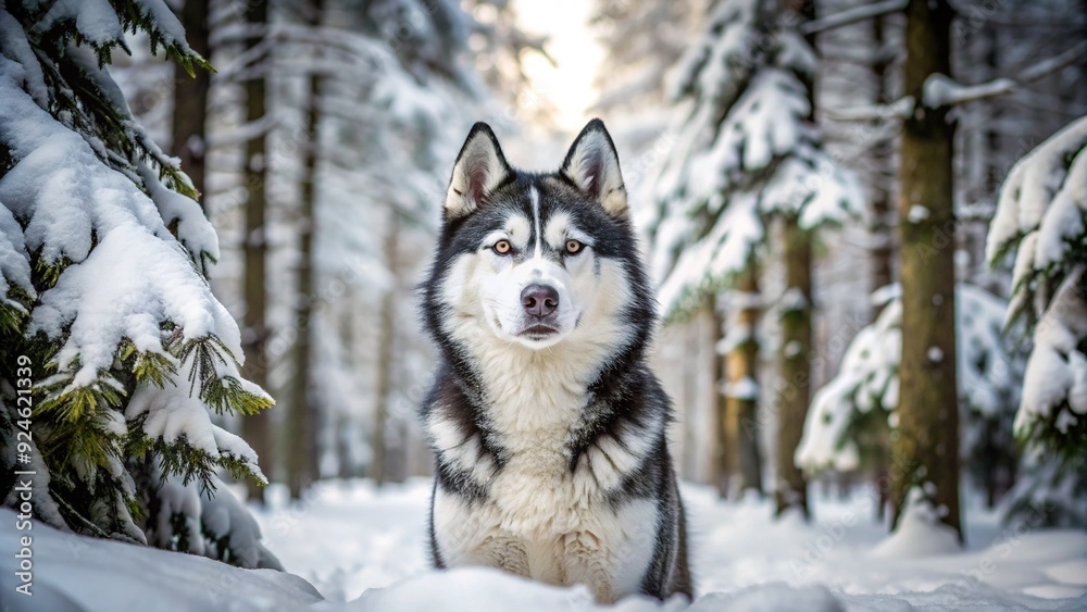Naklejka premium Black and White Husky in Snowy Forest: