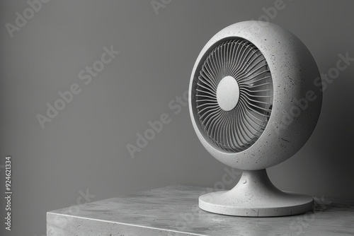 White electric fan placed on a matching white table, complementing contemporary home decor.