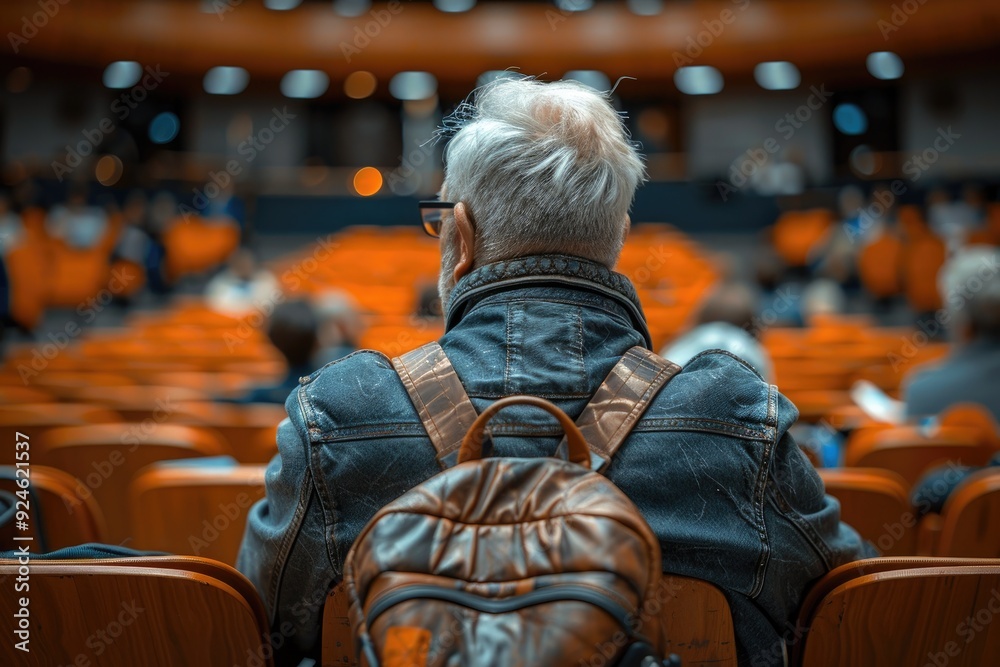 Thoughtful Man in Denim Jacket and Backpack Sits in Modern Theater Thoughtful Man in Denim Jacket and Backpack Sits in Modern Theater
