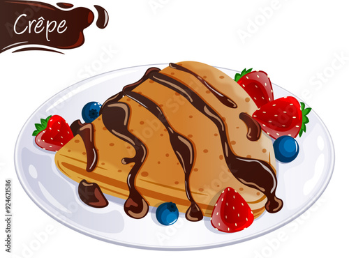 Crepe with Chocolate Drizzle and Fresh Berries - French Dessert Vector Art 