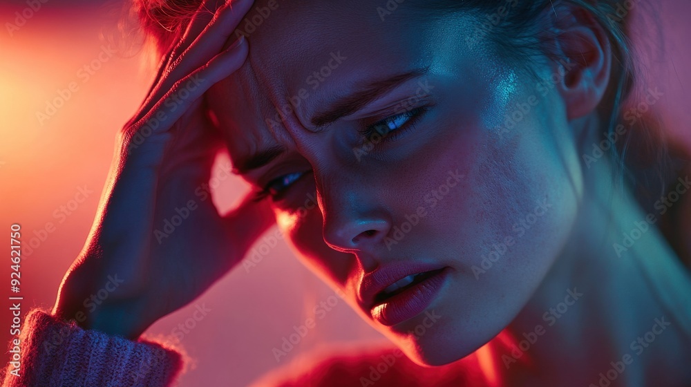 A woman appears deep in thought, touching her forehead with an expression of contemplation amid colorful ambient lighting headache A woman appears deep in thought, touching her forehead with an expression of contemplation amid colorful ambient lighting headache