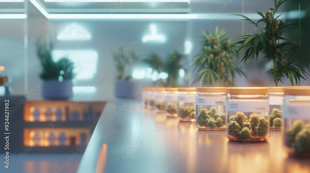 A bright, welcoming cannabis dispensary with different strains arranged on a polished A bright, welcoming cannabis dispensary with different strains arranged on a polished
