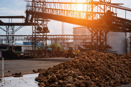 Palmoil plant,image of red fresh fruit bunch ripe palm fruit from agriculture plantation, raw material for palm oil industry to be commodity,cooking oil,vegetable oil,fuel and energy.Silhouette image.