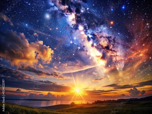 Cosmic Epiphany: Inspiring, uplifting, ambient, starry sky, golden hour