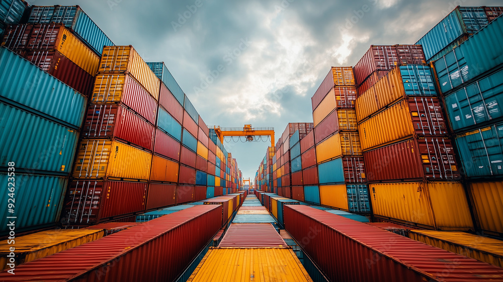Global Trade: A sea of colorful shipping containers, stacked high and reaching towards the sky, symbolizes the vastness of global trade and the interconnectedness of our world.