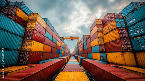 Obraz na płótnie Global Trade: A sea of colorful shipping containers, stacked high and reaching towards the sky, symbolizes the vastness of global trade and the interconnectedness of our world. w salonie