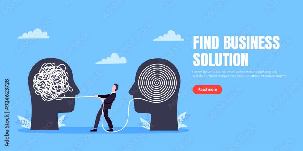 Unravel business chaos process with tangle difficult problem mess business concept flat style design vector illustration. Chaos to order, complex to simple metaphor with person trying solve mess cable