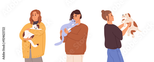 People hug their pets set. Happy owners hold cats, small dogs in hands. Women with cute puppies, fluffy kittens in arms love, care about domestic animals. Flat isolated vector illustrations on white