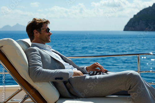 Successful businessman in suit relaxing on yacht
