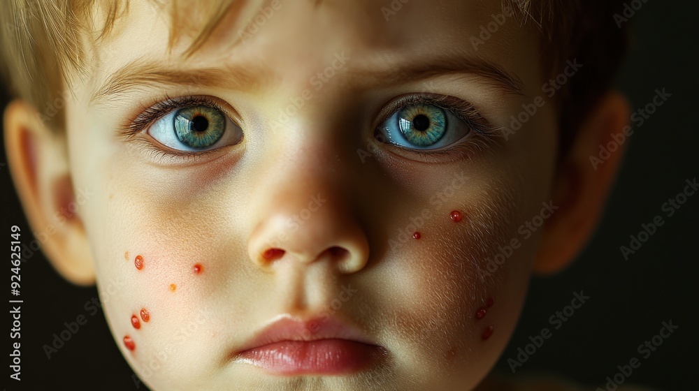 A young child displays symptoms of chickenpox with spots on their face while looking directly at the camera A young child displays symptoms of chickenpox with spots on their face while looking directly at the camera