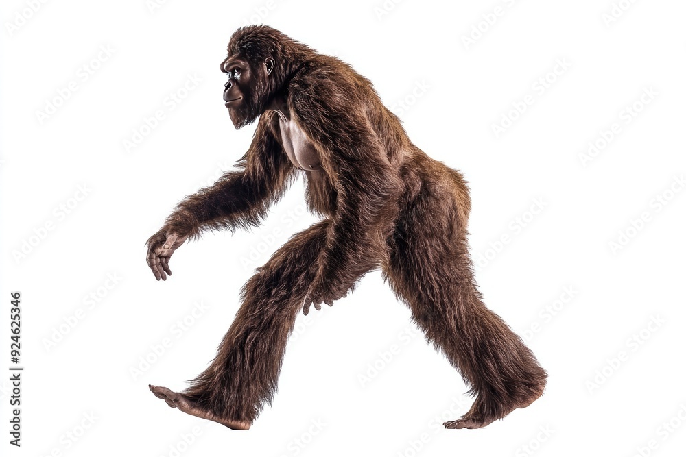 A hairy bipedal primate walking on a white background A hairy bipedal primate walking on a white background