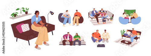 People play videogames consoles set. Happy gamers with joysticks have fun at home. Friends with controllers in hands are in video games together. Flat isolated vector illustrations on white background