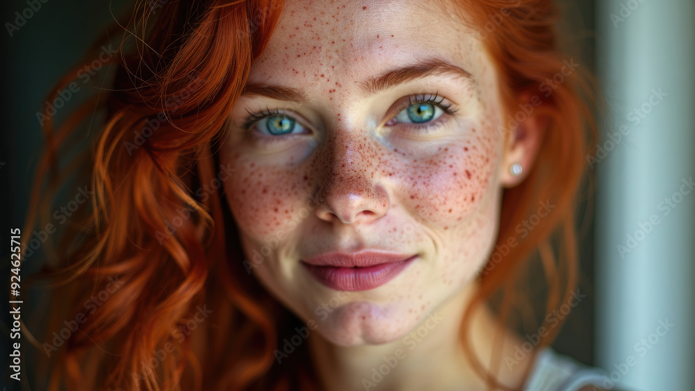 A close-up portrait of a woman with red hair and freckles, looking directly into the camera. The image captures her natural beauty and vibrant eye color, conveying a serene expression. A close-up portrait of a woman with red hair and freckles, looking directly into the camera. The image captures her natural beauty and vibrant eye color, conveying a serene expression.