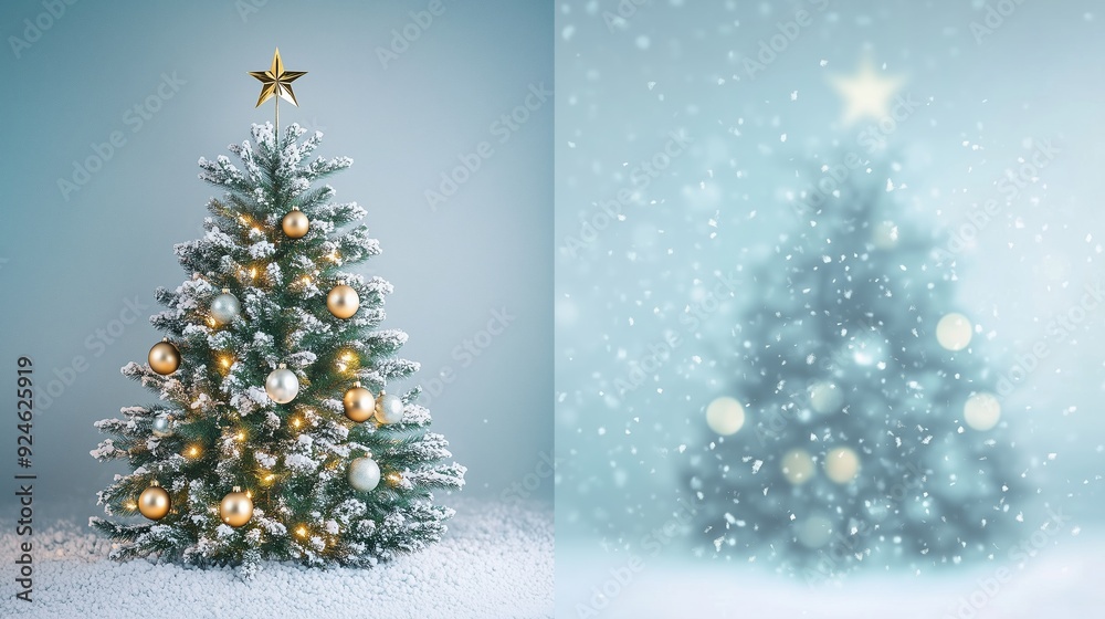 Elegant Snow-Covered Christmas Tree with Golden Ornaments and Star Topper Elegant Snow-Covered Christmas Tree with Golden Ornaments and Star Topper