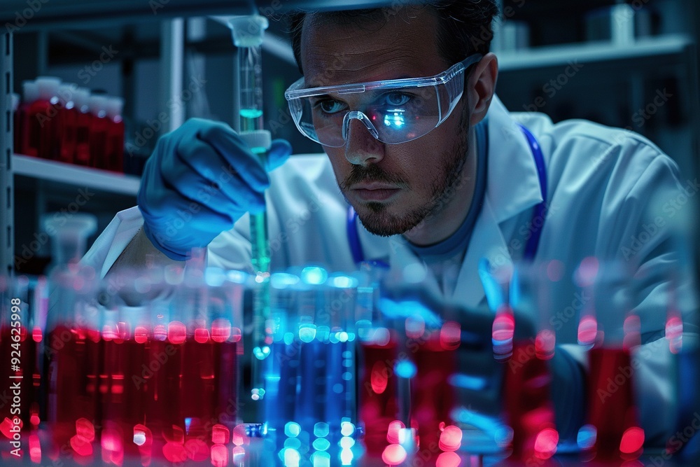 A man in a lab coat is working with chemicals, wearing safety goggles and gloves A man in a lab coat is working with chemicals, wearing safety goggles and gloves