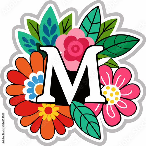 a sticker featuring a beautiful floral typography "M with flowers and leaves integrated into the letters, 