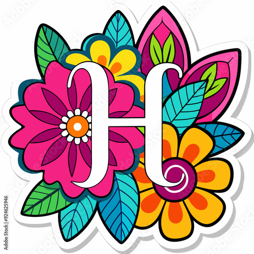 a sticker featuring a beautiful floral typography "H with flowers and leaves integrated into the letters, 