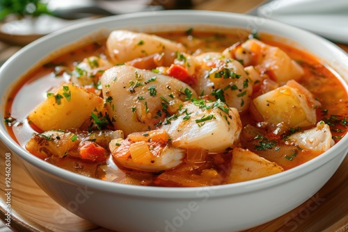 A hearty bowl of stew with vegetables and seafood, garnished with herbs.